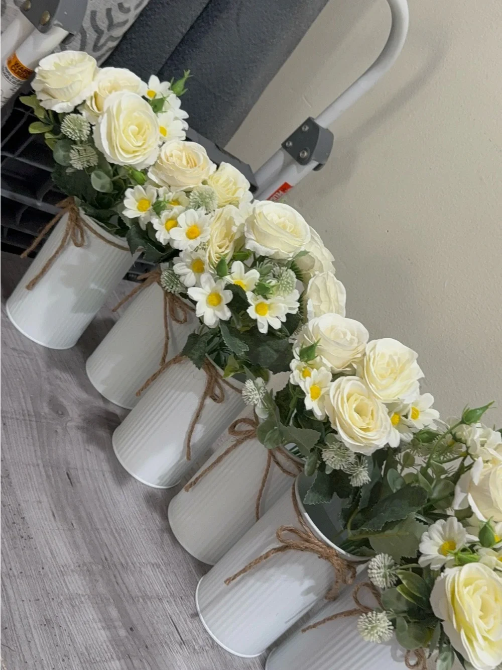 Cream Rose and White Daisy Faux Floral in White Ceramic Vase set of 12 piec